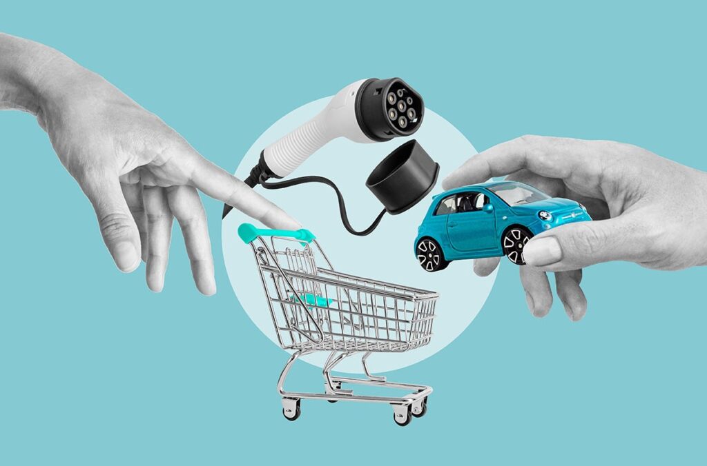 A composite featuring a hand placing a car in a shopping cart and an EV charging cable in the background.