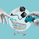 A composite featuring a hand placing a car in a shopping cart and an EV charging cable in the background.