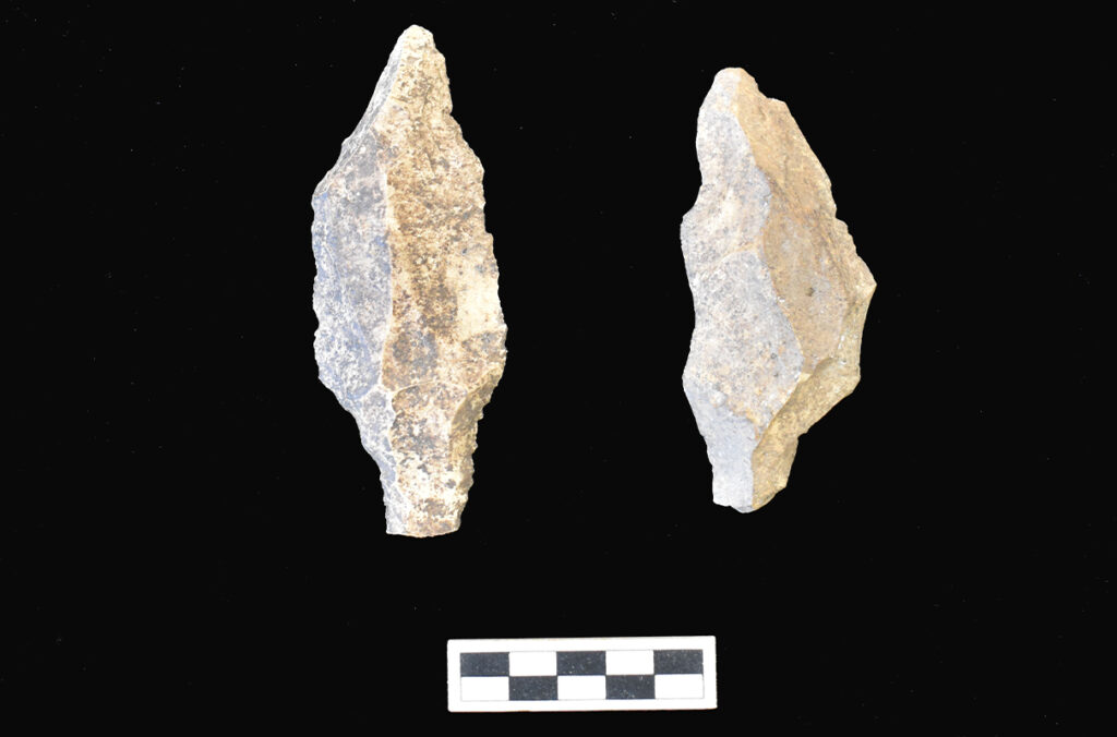 Two miniature stemmed macroblades found at an excavation site.