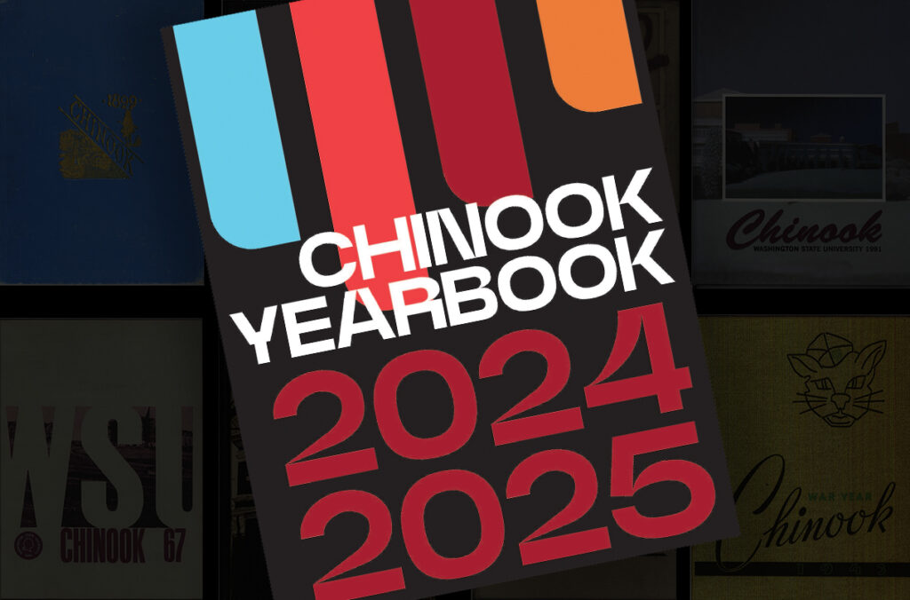 Composite featuring the cover of the 2024-25 edition of the Chinook Yearbook and the covers of older yearbooks in the background.