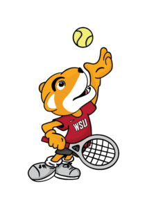 An illustration of WSU mascot Butch preparing to serve with a tennis racket.