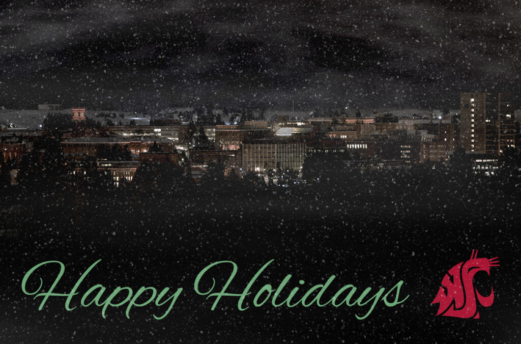 Snow falling across a dark sky with a distant view of the WSU Pullman campus, followed by the words Happy Holidays and a WSU Cougars logo.