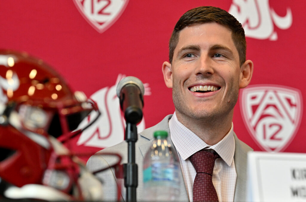 Closeup of Kirby Moore while he is introduced as the newest head coach of WSU Football.
