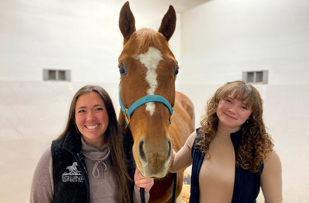 WSU veterinary students Maddie Gray and Hedy Seeber stand on each side of a horse.