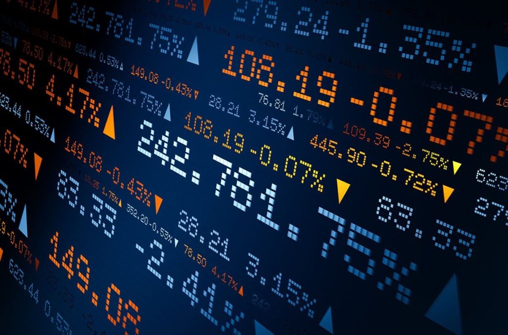 A stock market board is displayed.