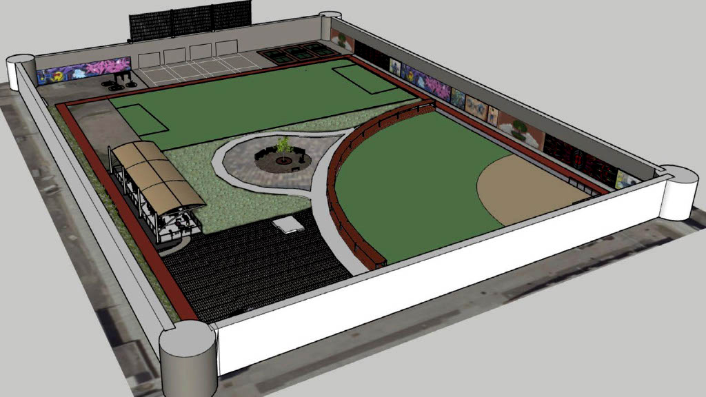 An illustration of a proposed prison yard design featuring adaptable spaces to meet multiple needs.