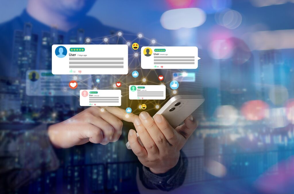 Photo illustration depicting a social media user surrounded by posts.