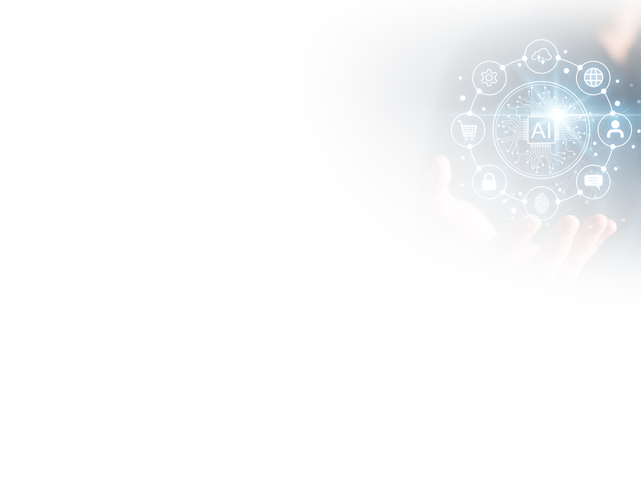 A composite featuring an outstretch hand and a collection of computer icons powered by AI.