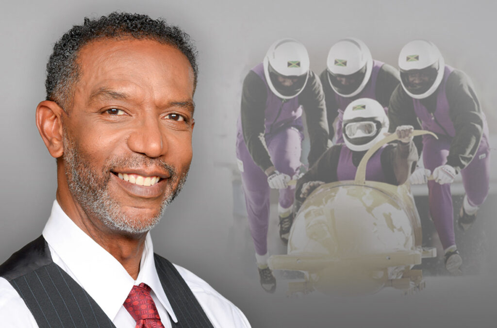 Composite featuring a closeup of Chris Stokes and Jamaica’s 1988 Olympic four-man bobsled team during a training run.