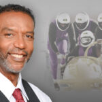 Composite featuring a closeup of Chris Stokes and Jamaica’s 1988 Olympic four-man bobsled team during a training run.