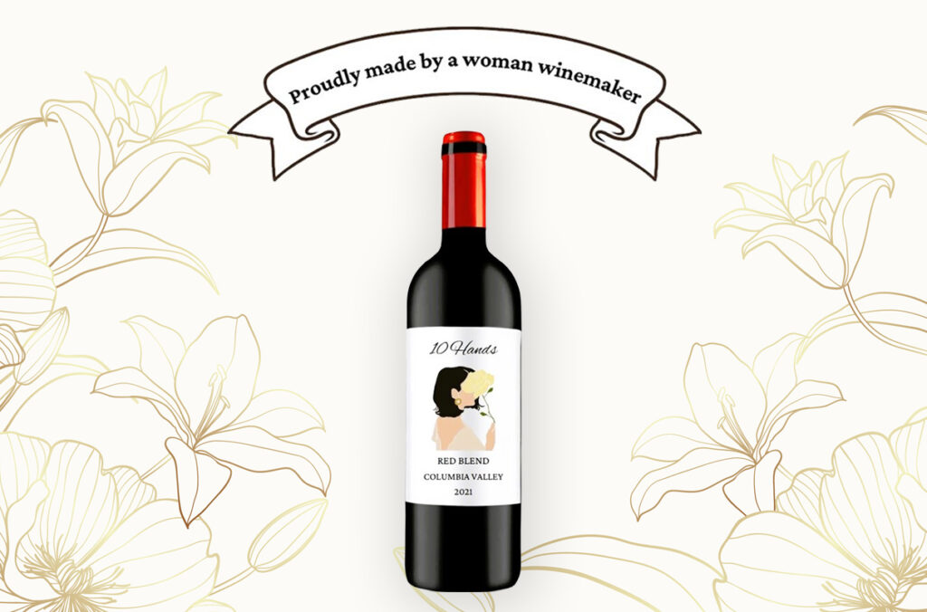 Composite featuring a "Proudly made by a woman winemaker" banner above a bottle of red wine against a floral background.
