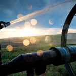 An irrigation system watering an agricultural field.