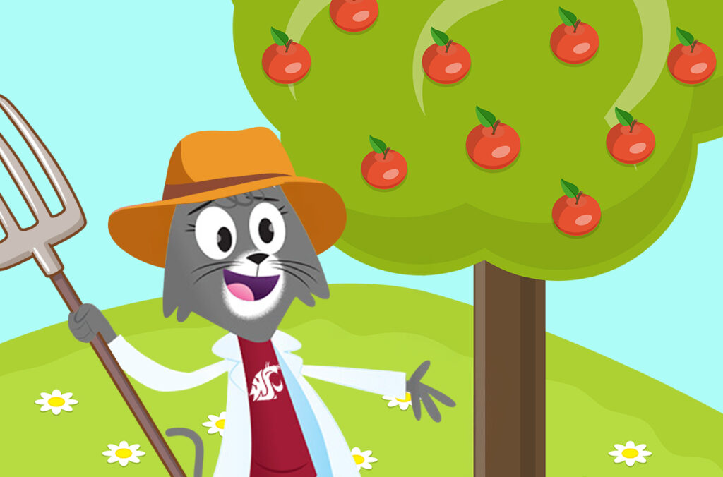 An illustration featuring Dr. Universe standing next to an apple tree.