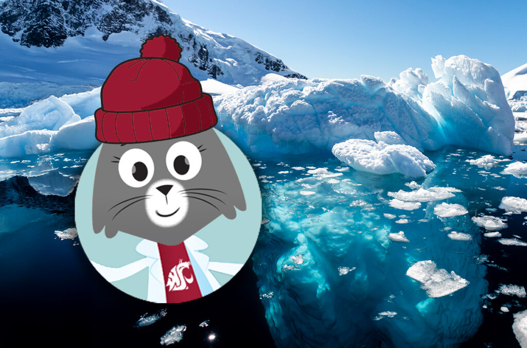 Composite featuring the view of an iceberg above and below the cold water of Antarctica, and an illustration of Dr. Universe wearing a stocking cap.