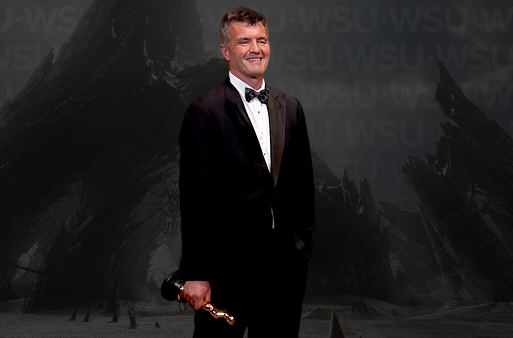 A composite featuring Eric Saindon holding an Oscar statue awarded to him in 2026 and a scene from "Avatar: Fire and Ash."