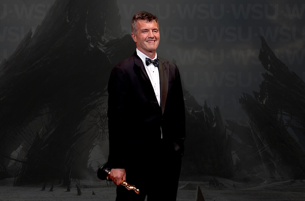 A composite featuring Eric Saindon holding an Oscar statue awarded to him in 2026 and a scene from "Avatar: Fire and Ash."