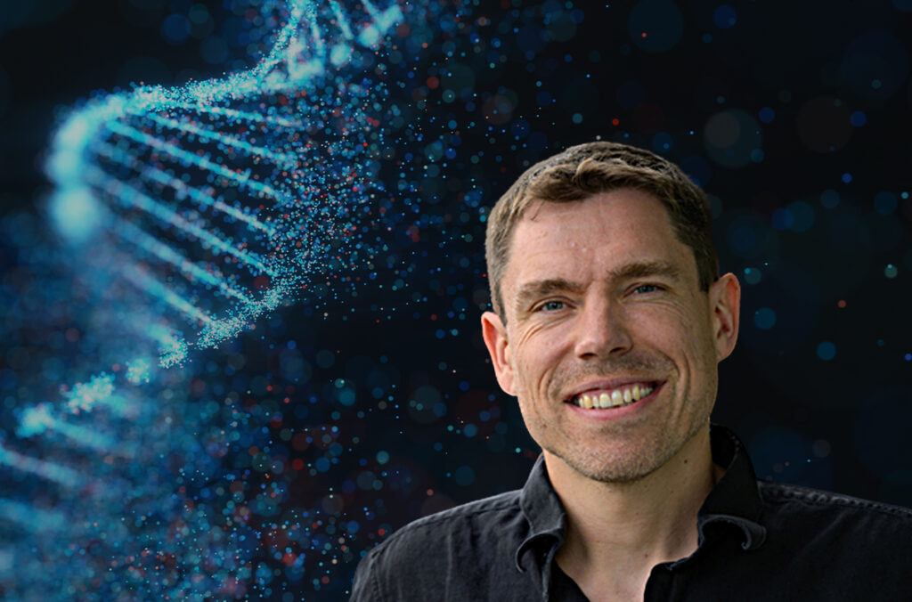 A composite featuring a closeup of Sascha Duttke and DNA strands in the background.