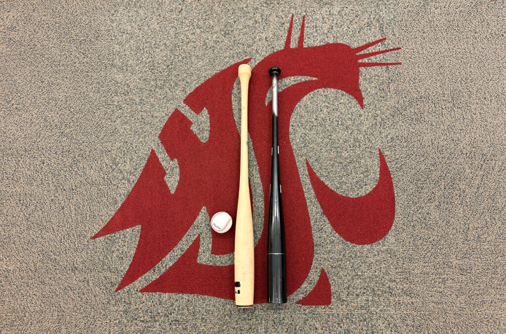 A baseball, a torpedo bat, and a traditional baseball bat laid on a floor featuring a WSU logo.