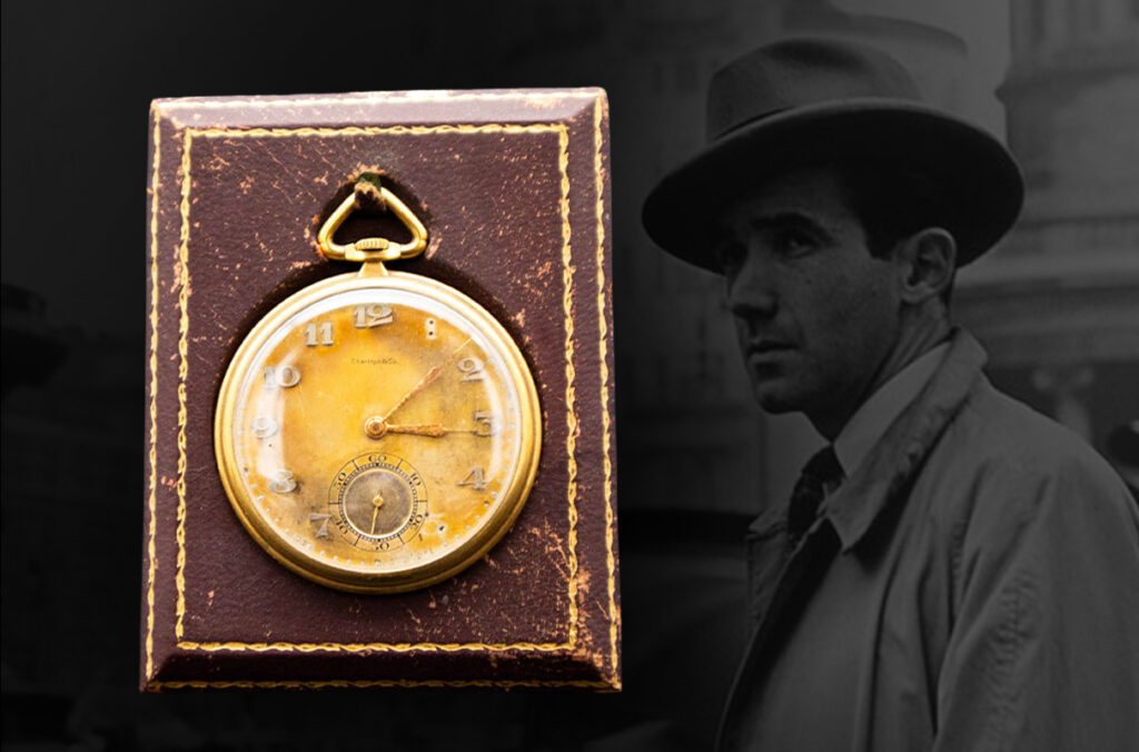 A composite featuring a pocket watch owned by Edward R. Murrow, and a black and white photo of Murrow standing in the background.
