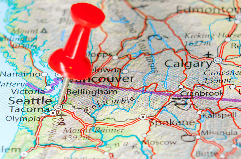 Map of Washington with a pin placed into the Greater Seattle area.