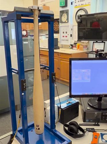 A torpedo bat hanging upside down from testing equipment as it rocks back and forth.