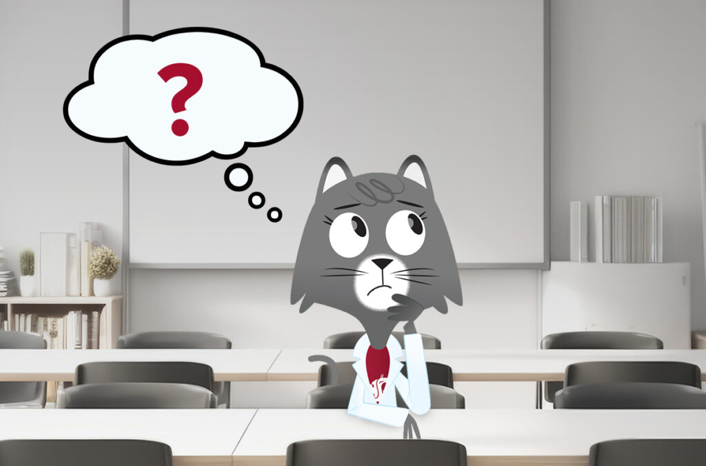 An illustration featuring Dr. Universe seated in an empty classroom thinking.