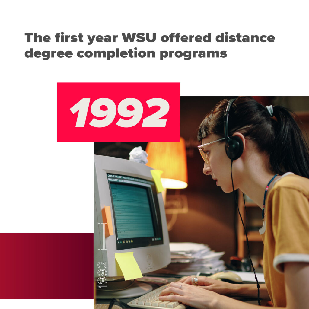 A person working on a CRT monitor computer with the text: The first year WSU offered distance degree completion programs: 1992.