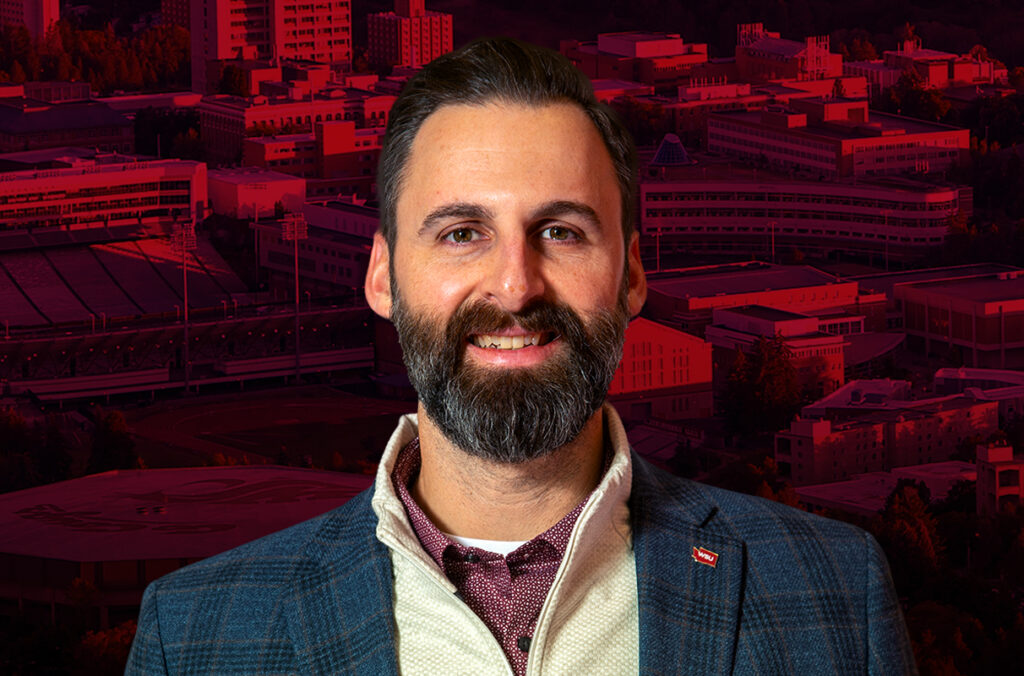 Composite featuring Jon Haarlow and an aerial view of the WSU Pullman campus saturated in crimson.