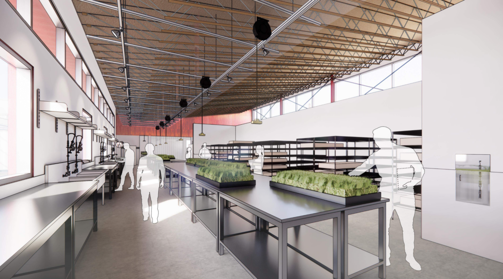 A rendering of a potting room workspace at the new Plant Growth Facility.