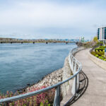 A pedestrian river path on the Vancouver waterfront.
