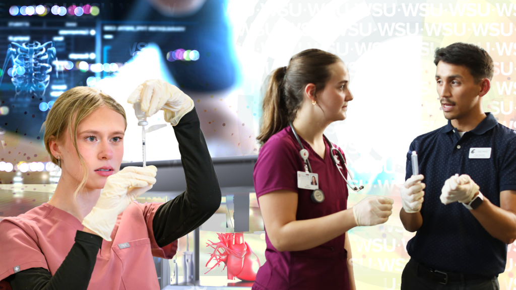 Three medical staff at work superimposed over a collage of health-related images like x-rays and charts.