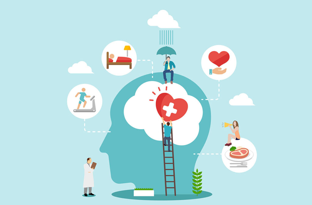 Ain illustration of a human head surrounded by bubbles depicting different aspects of brain health.