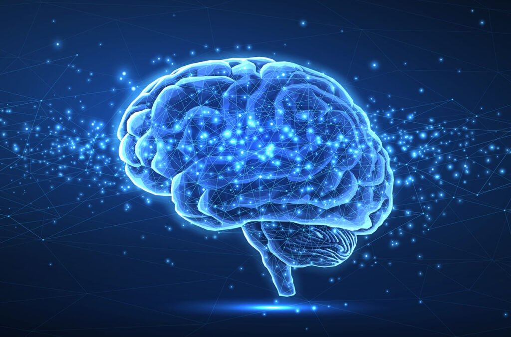 A digital illustration of a brain against a blue background.