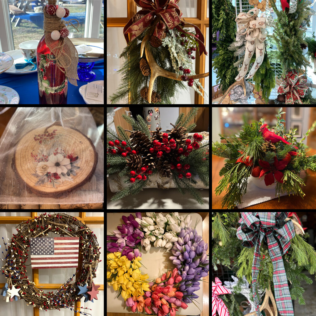 A 3-by-3 grid displaying different crafts made from natural materials, including antlers, pinecones, and greenery.