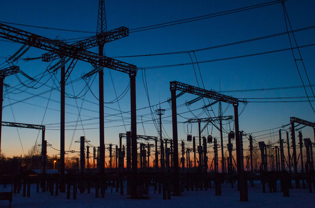 Electrical substation at night.