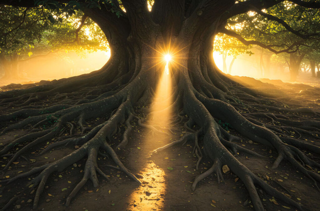Light shining through the trunk and branches of a massive tree.