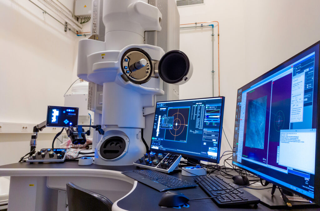 Computer workstations for a transmitting electron microscope.
