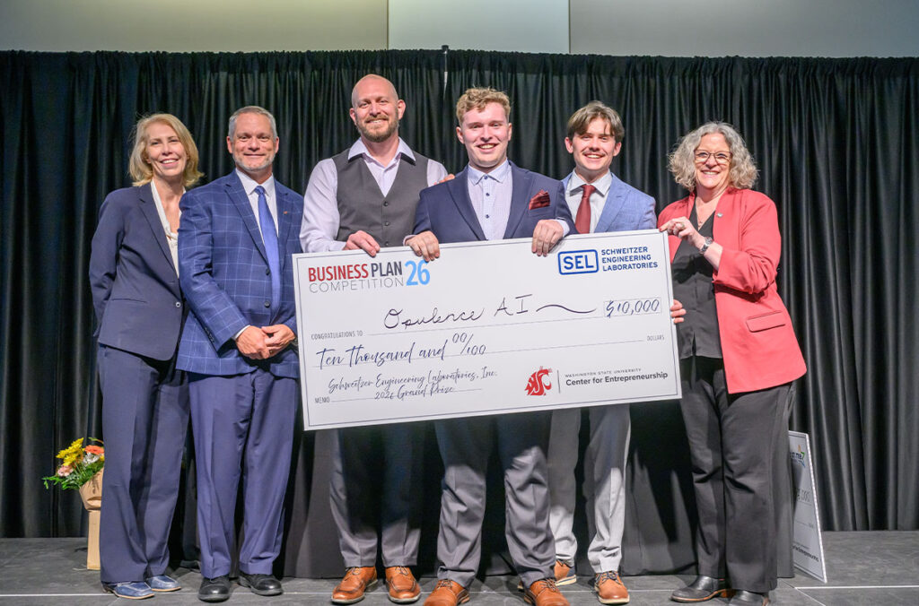Winners from the 2026 Business Plan Competition pose for a photo on the Pullman campus of Washington State University, Thursday, April 30, 2026.