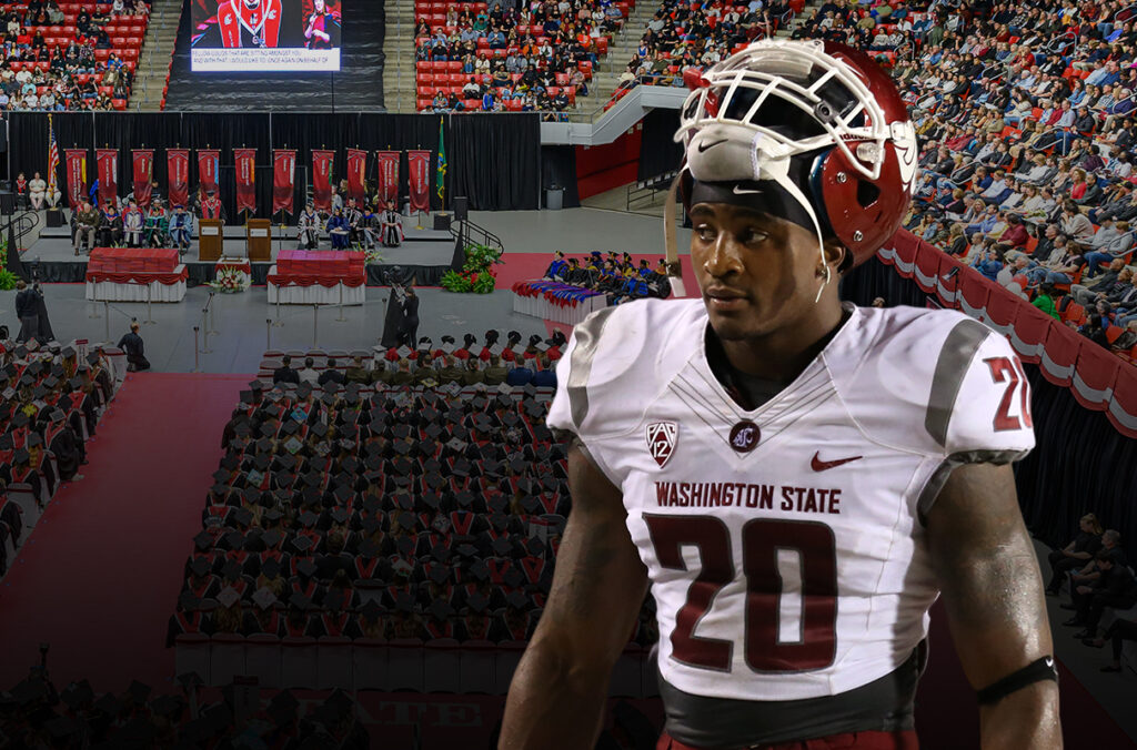 A composite featuring Deone Bucannon in a WSU football uniform and a commencement ceremony in the background.