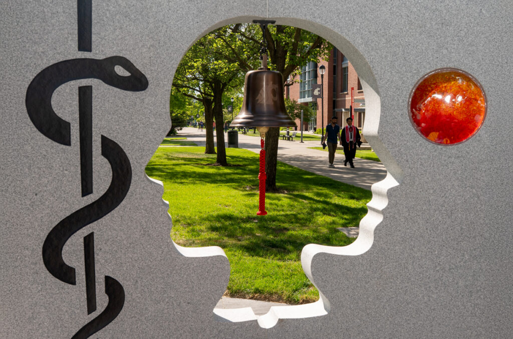 A closeup of the Pages of Care sculpture on the WSU Spokane campus.