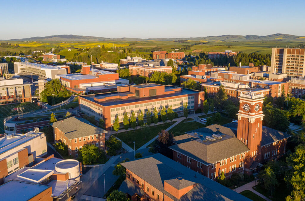 Aerial view of the Washington State University campus in Pullman, Washington.