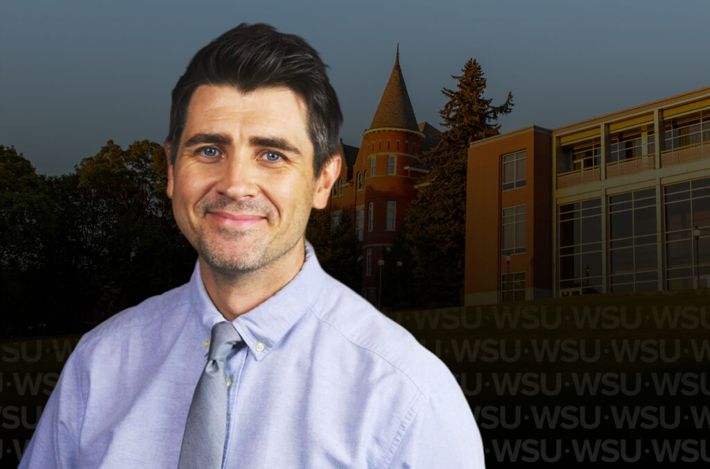 Composite featuring a closeup of Ryan Thomas against a backdrop of Thompson and Goertzen Halls on the WSU Pullman campus.