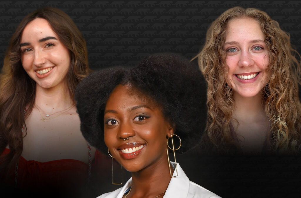 Composite featuring closeups of WSU students Sarah Murphy, Abigael Mbaluka, and Mikayla Beckley.