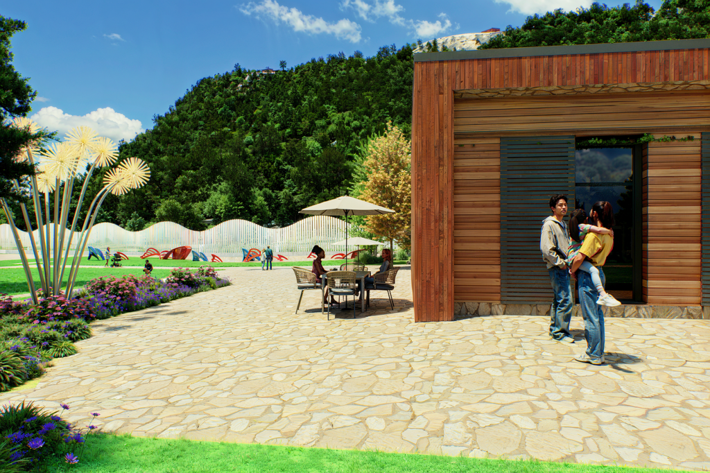 An architectural rendering of a community park.