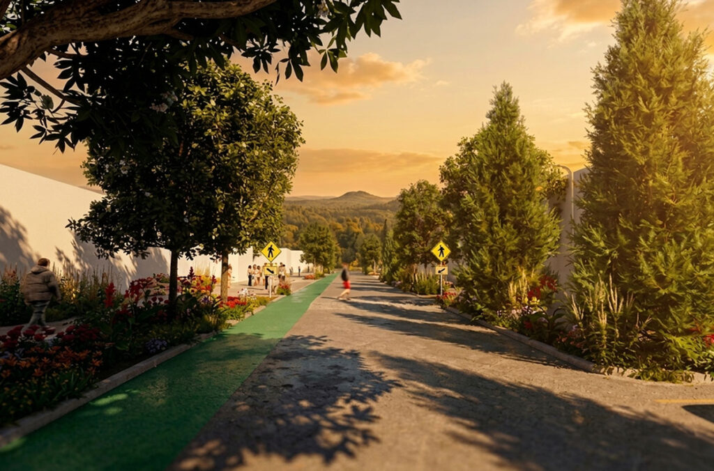 An architectural rendering of a crosswalk with people walking across it.