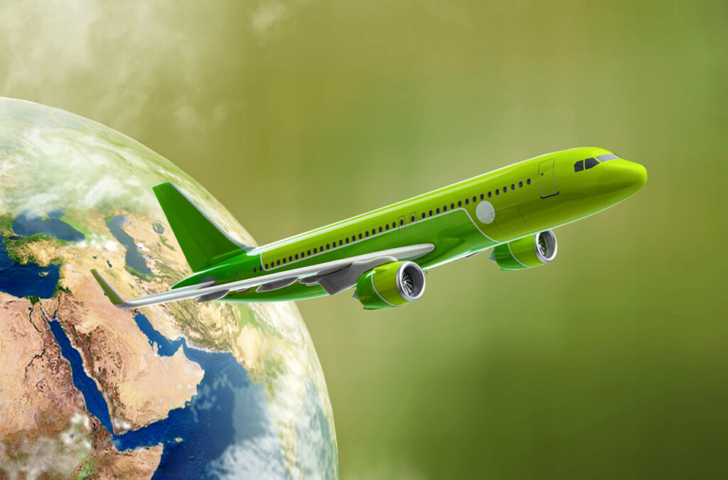 A green commercial airplane flying past Earth against a soft green background, symbolizing eco-friendly or sustainable air travel.