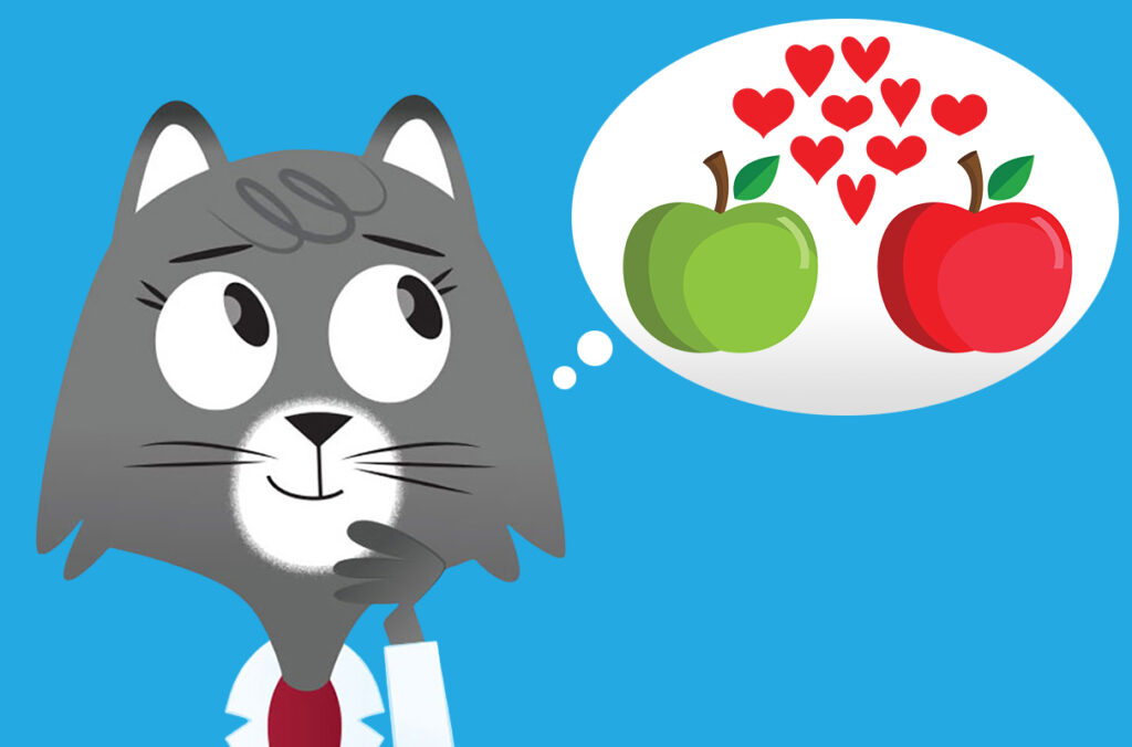 An illustration of Dr. Universe thinking about a red apple and a green apple falling in love.