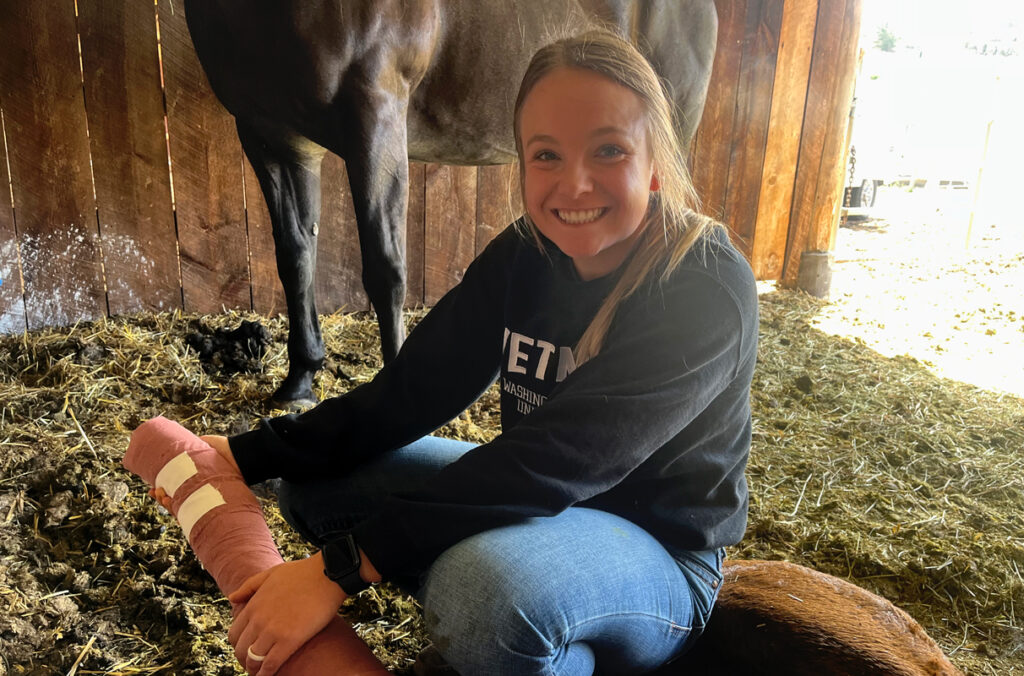 Closeup of Jordan Johnson raising an animal's leg wrapped in medical tape.