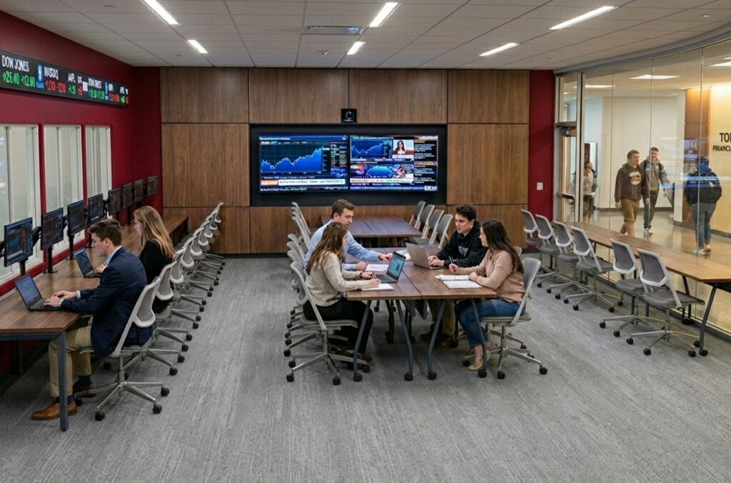An AI-generated image of the Bloomberg lab showing students sitting at computer terminals.