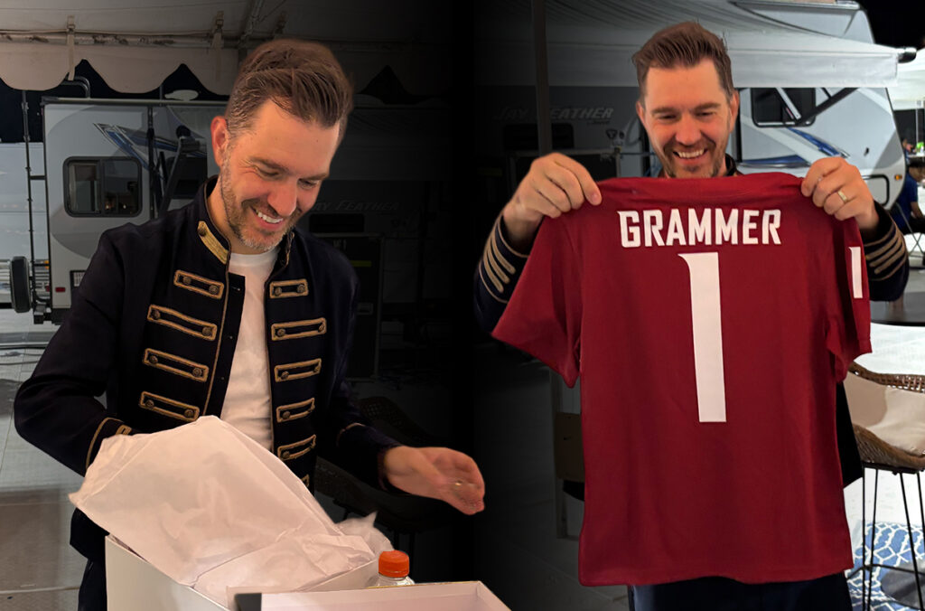 Composite featuring closeups before and after as Andy Grammer opens a box with a custom WSU jersey.